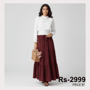 Classic Chic High-Waist Skirts” mehroon color and Top white