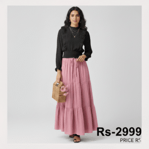 Classic Chic High-Waist Skirts” pink color and Top black
