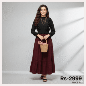 Classic Chic High-Waist Skirts” mehroon color and Top black