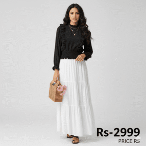 Classic Chic High-Waist Skirts” pink color and Top white