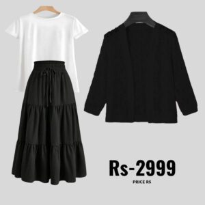 combo deal black skirt +white t shirt +net coat black