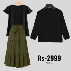combo deal Green skirt +black t shirt +net coat black