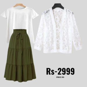 combo deal green skirt +white t shirt +net coat white