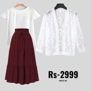 combo deal Mehroon skirt +white shirt +net coat white