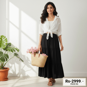 Women white Shirts Loose Casual with black Skirt