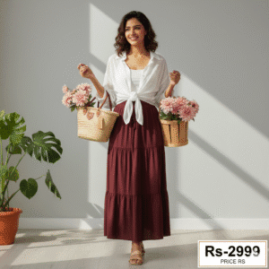 Women white Shirts Loose Casual with Mehroon Skirt