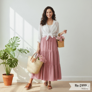 Women white Shirts Loose Casual with pink Skirt