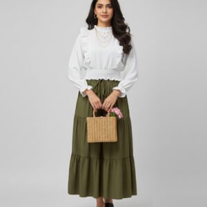 Classic Chic High-Waist Skirts” green color and Top white