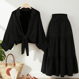 Women Black Shirts Loose Casual with Black Skirt