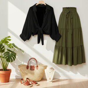 Women Black Shirts Loose Casual with green Skirt