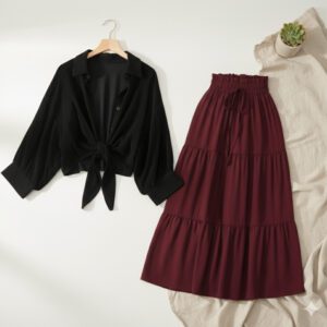 Women Black Shirts Loose Casual with Mehron Skirt