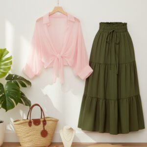 Women pink Shirts Loose Casual with Green Skirt