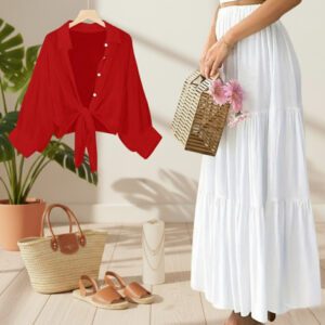 Women Red Shirts Loose Casual with white Skirt