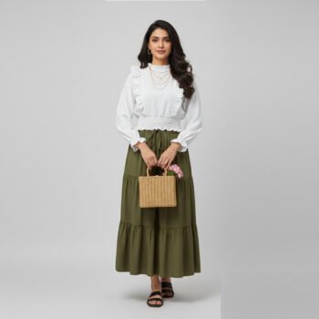 Two-Piece Magic – Fancy Top & Skirt color white top Green  skirt