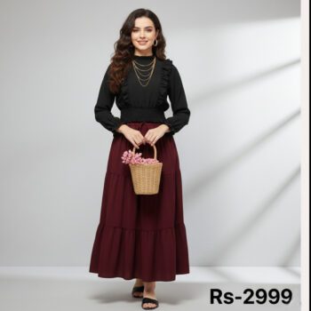 Two-Piece Magic – Fancy Top & Skirt color Black  top Mehroon skirt