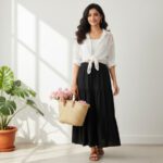 Button Down Shirt with a Long High-Waisted Skirt for Summer  shirt white skirt black