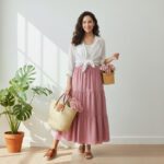 Button Down Shirt with a Long High-Waisted Skirt for Summer  shirt white skirt Mehroon