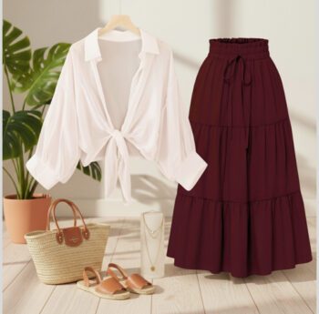 Button Down Shirt with a Long High-Waisted Skirt for Summer whtie shirt mehroon skirt