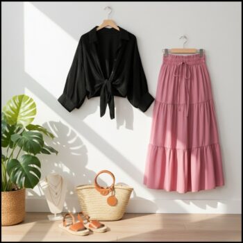 Button Down Shirt with a Long High-Waisted Skirt for Summer  shirt black   skirt  pink