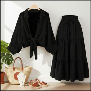 Button Down Shirt with a Long High-Waisted Skirt for Summer  shirt black skirt black