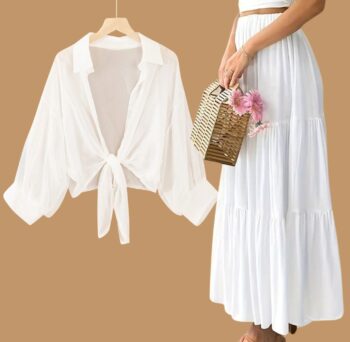 Button Down Shirt with a Long High-Waisted Skirt for Summer whtie shirt pink skirt white