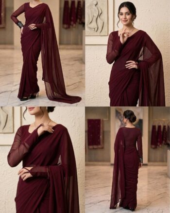 PLAIN CHIFFON SAREE  MEHROON COLOR
