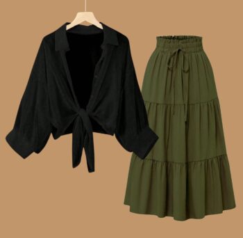 Button Down Shirt with a Long High-Waisted Skirt for Summer  shirt black skirt Green
