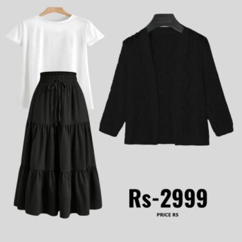 3-Piece Combo: Skirt, T-Shirt & Net Coat | Save on Sets