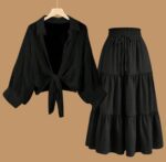 Button Down Shirt with a Long High-Waisted Skirt for Summer  shirt black skirt black