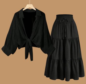 Button Down Shirt with a Long High-Waisted Skirt for Summer  shirt black skirt black
