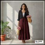 Button Down Shirt with a Long High-Waisted Skirt for Summer  shirt black skirt mehroon