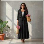 Button Down Shirt with a Long High-Waisted Skirt for Summer  shirt black skirt black