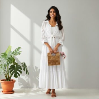 Button Down Shirt with a Long High-Waisted Skirt for Summer  shirt white skirt white