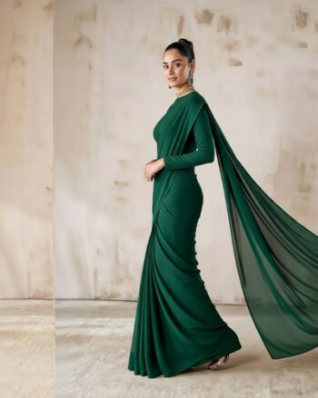 PLAIN CHIFFON SAREE GREEN  COLOR