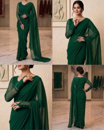 PLAIN CHIFFON SAREE GREEN  COLOR