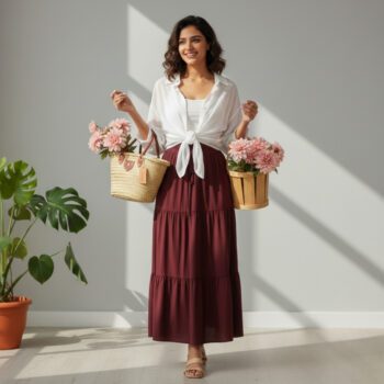 Button Down Shirt with a Long High-Waisted Skirt for Summer  shirt white skirt Mehroon