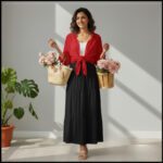 Button Down Shirt with a Long High-Waisted Skirt for Summer  shirt Red skirt Black