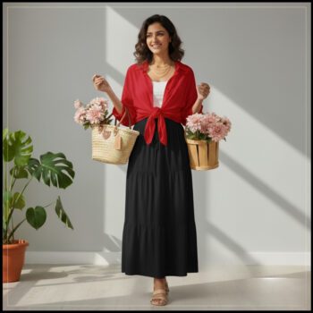 Button Down Shirt with a Long High-Waisted Skirt for Summer  shirt Red skirt Black