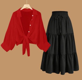 Button Down Shirt with a Long High-Waisted Skirt for Summer whtie shirt Red skirt black