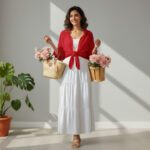 Button Down Shirt with a Long High-Waisted Skirt for Summer  shirt Red skirt white