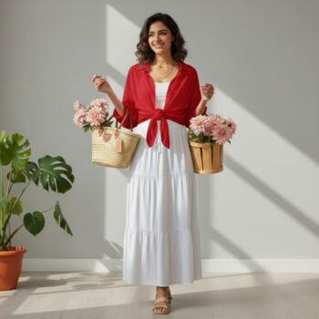 Button Down Shirt with a Long High-Waisted Skirt for Summer  shirt Red skirt white