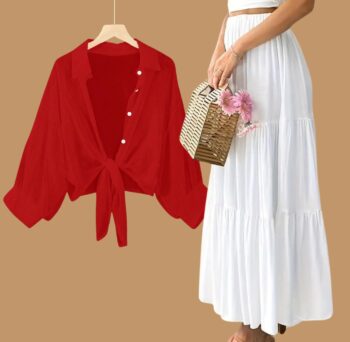 Button Down Shirt with a Long High-Waisted Skirt for Summer whtie shirt Red skirt white