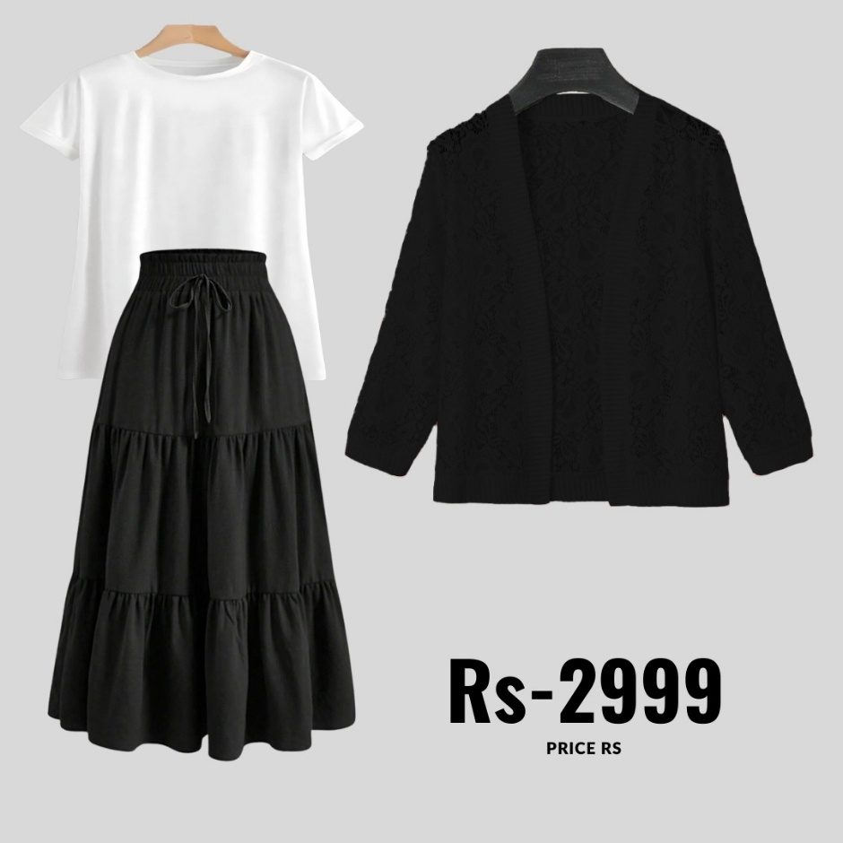 combo deal black skirt +white t shirt +net coat black