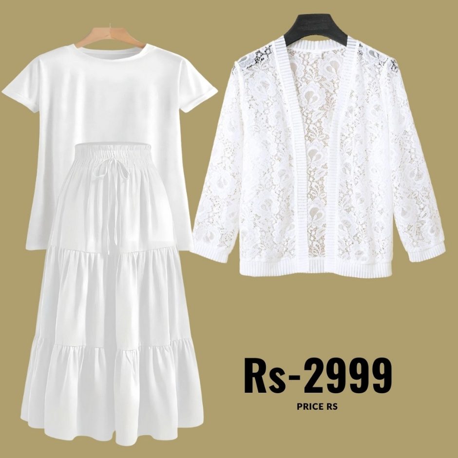 combo deal white skirt +white t shirt +net coat white