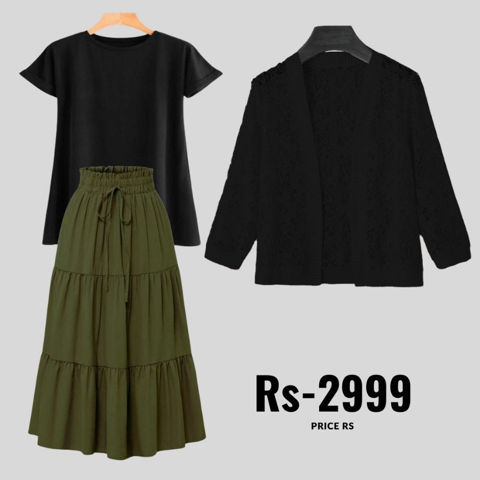 combo deal Green skirt +black t shirt +net coat black