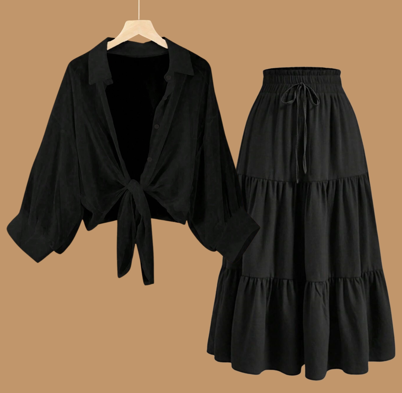 Women Black Shirts Loose Casual with Black Skirt