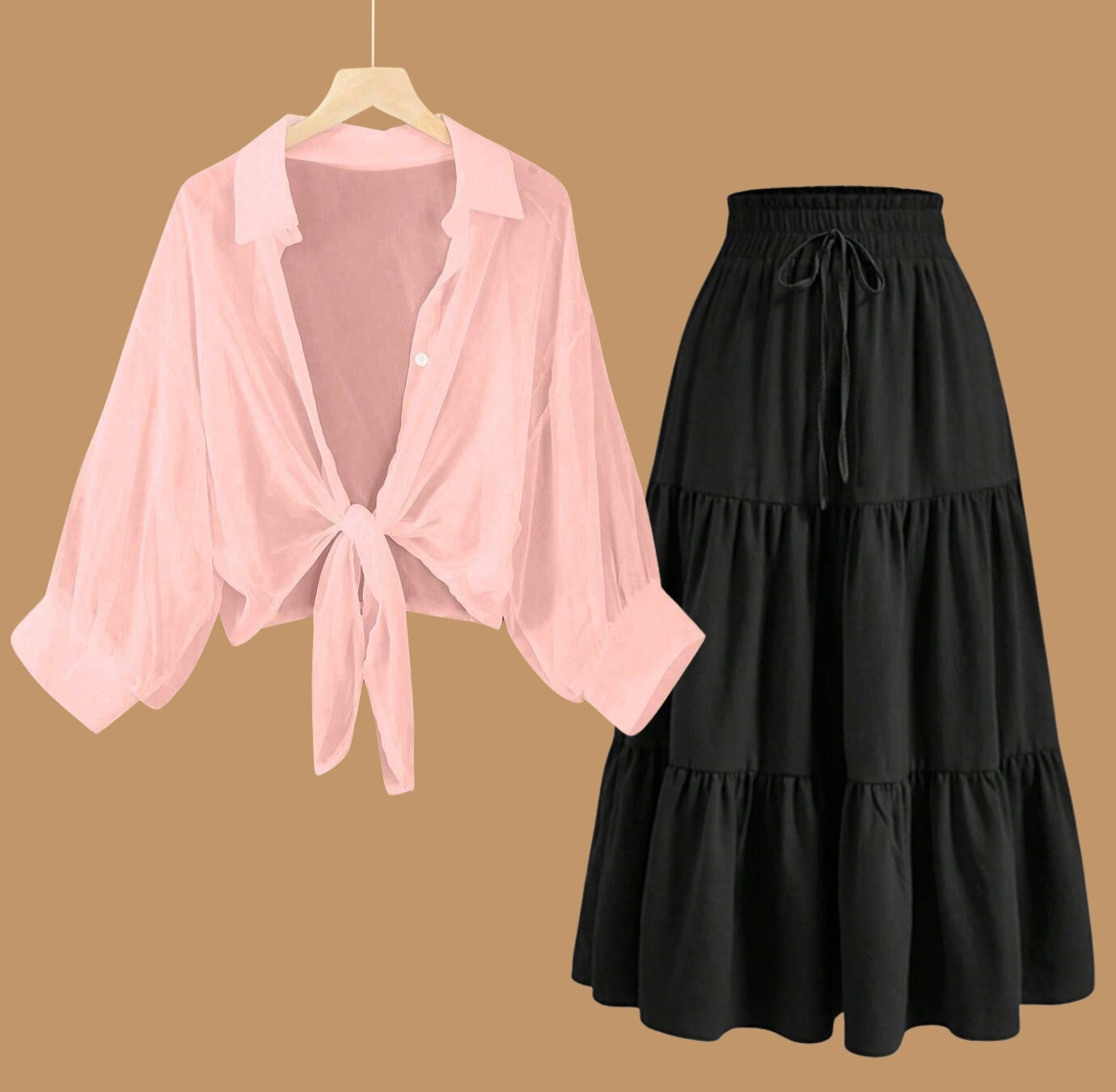 Women pink Shirts Loose Casual with Black Skirt