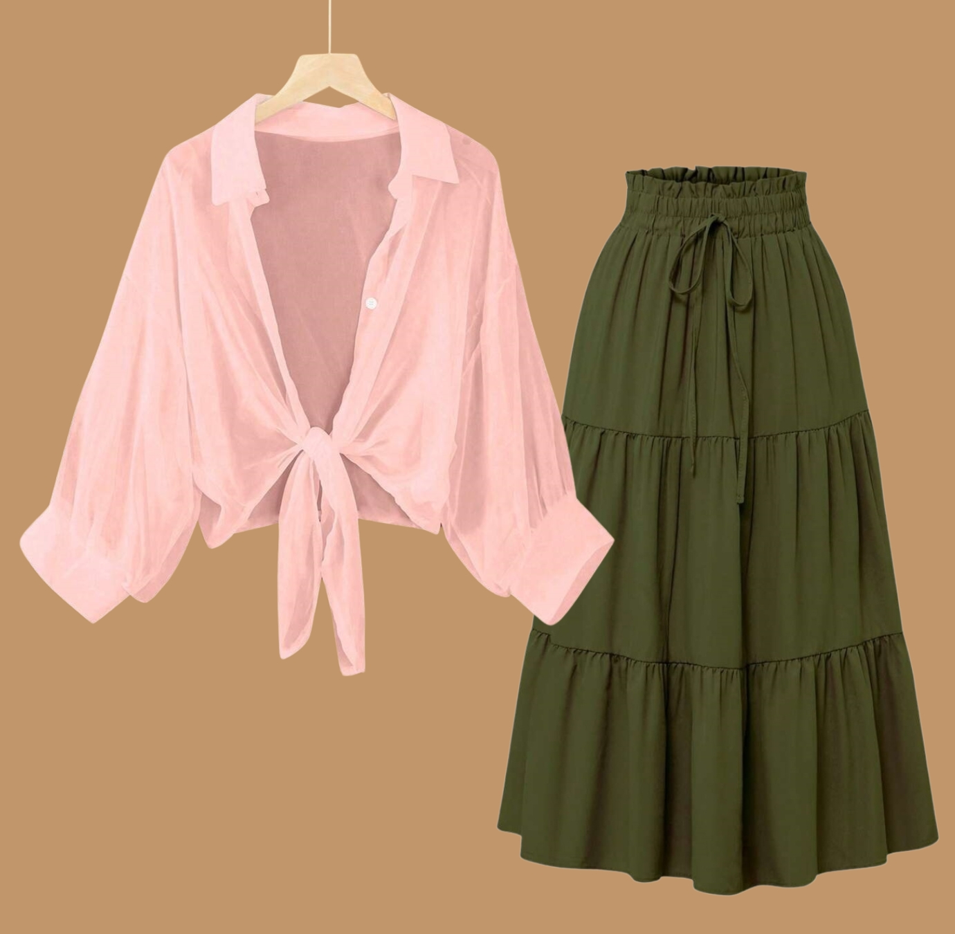 Women pink Shirts Loose Casual with Green Skirt