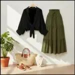 Button Down Shirt with a Long High-Waisted Skirt for Summer  shirt black skirt black