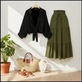 Button Down Shirt with a Long High-Waisted Skirt for Summer  shirt black skirt black